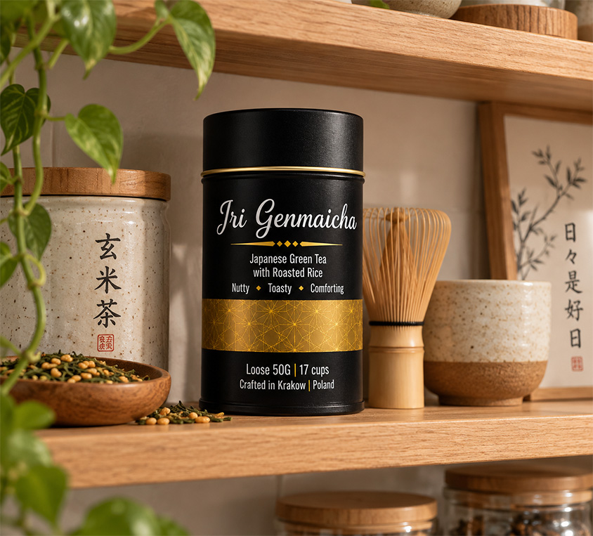 Iri Genmaicha Leo Tea – zielona herbata z prażonym ryżem i matchą w metalowej puszce 50g